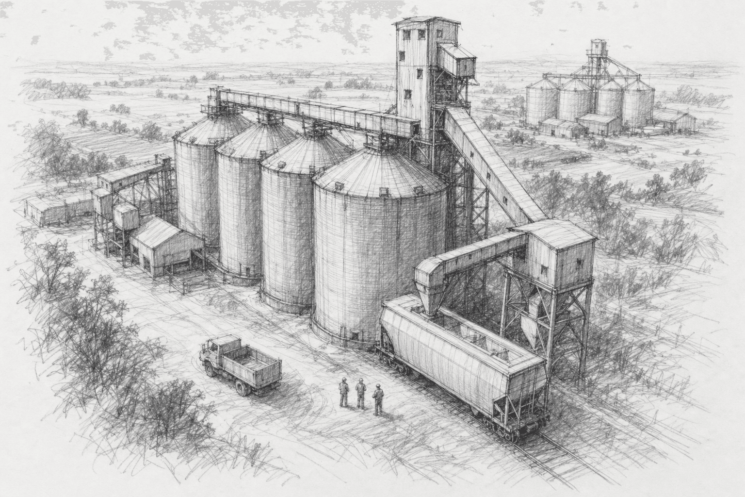 Bird’s-eye view of a logistics warehouse with a row of loading-dock trucks and an adjacent build-out with a crane