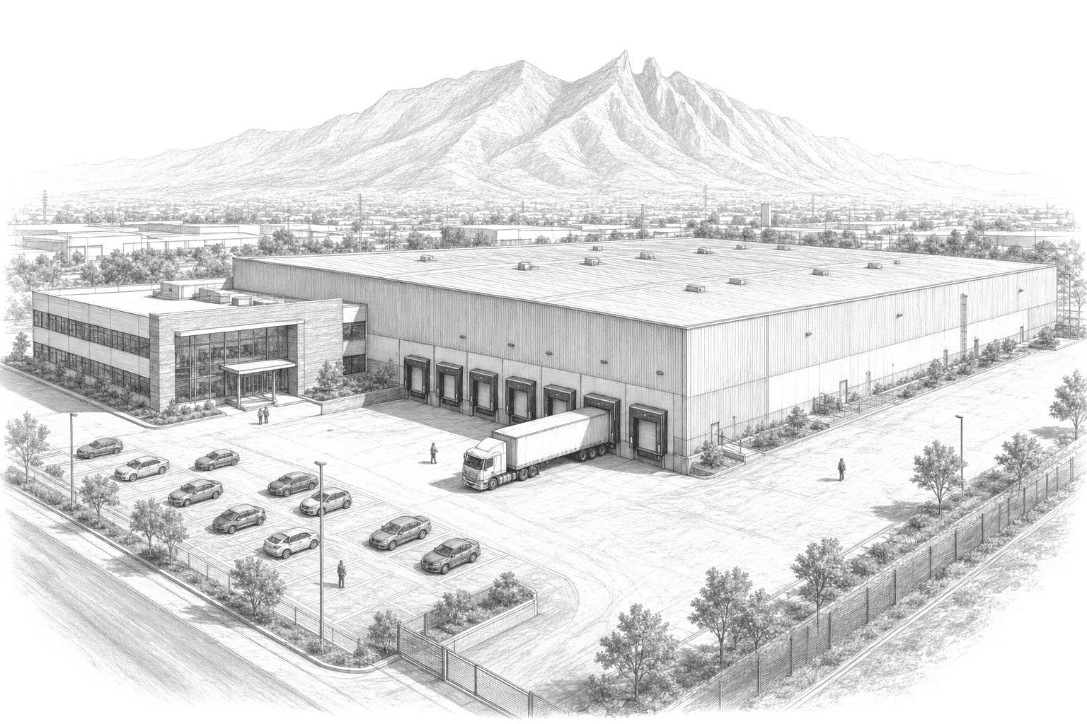 Elevated view of a Mexican manufacturing plant facade with a loading dock, parked cars, and Cerro de la Silla on the horizon