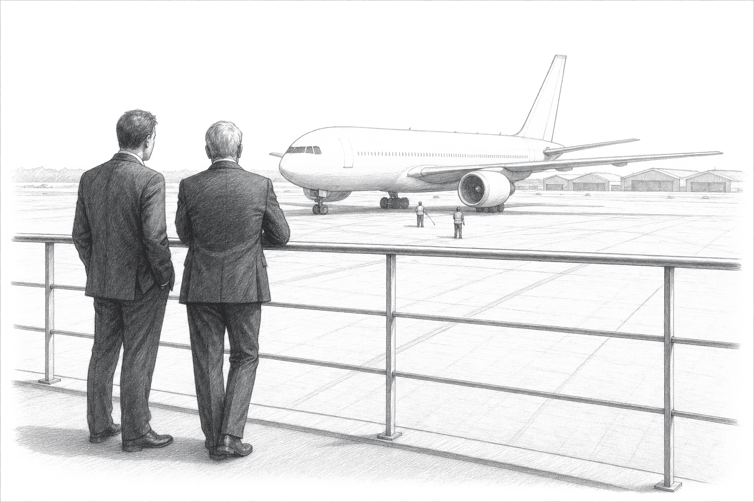 Two executives at an airshow rail looking over a parked commercial airliner with ground crew and hangars beyond