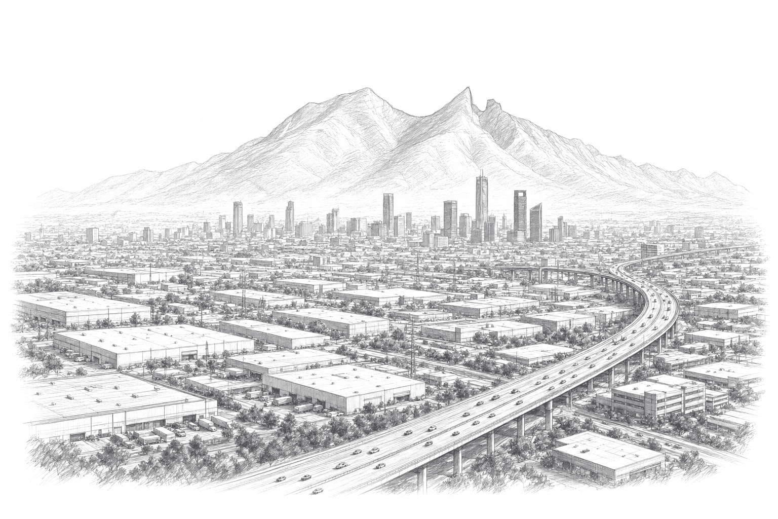 Aerial view of Monterrey with Cerro de la Silla, downtown towers, and an industrial belt threaded by an elevated highway
