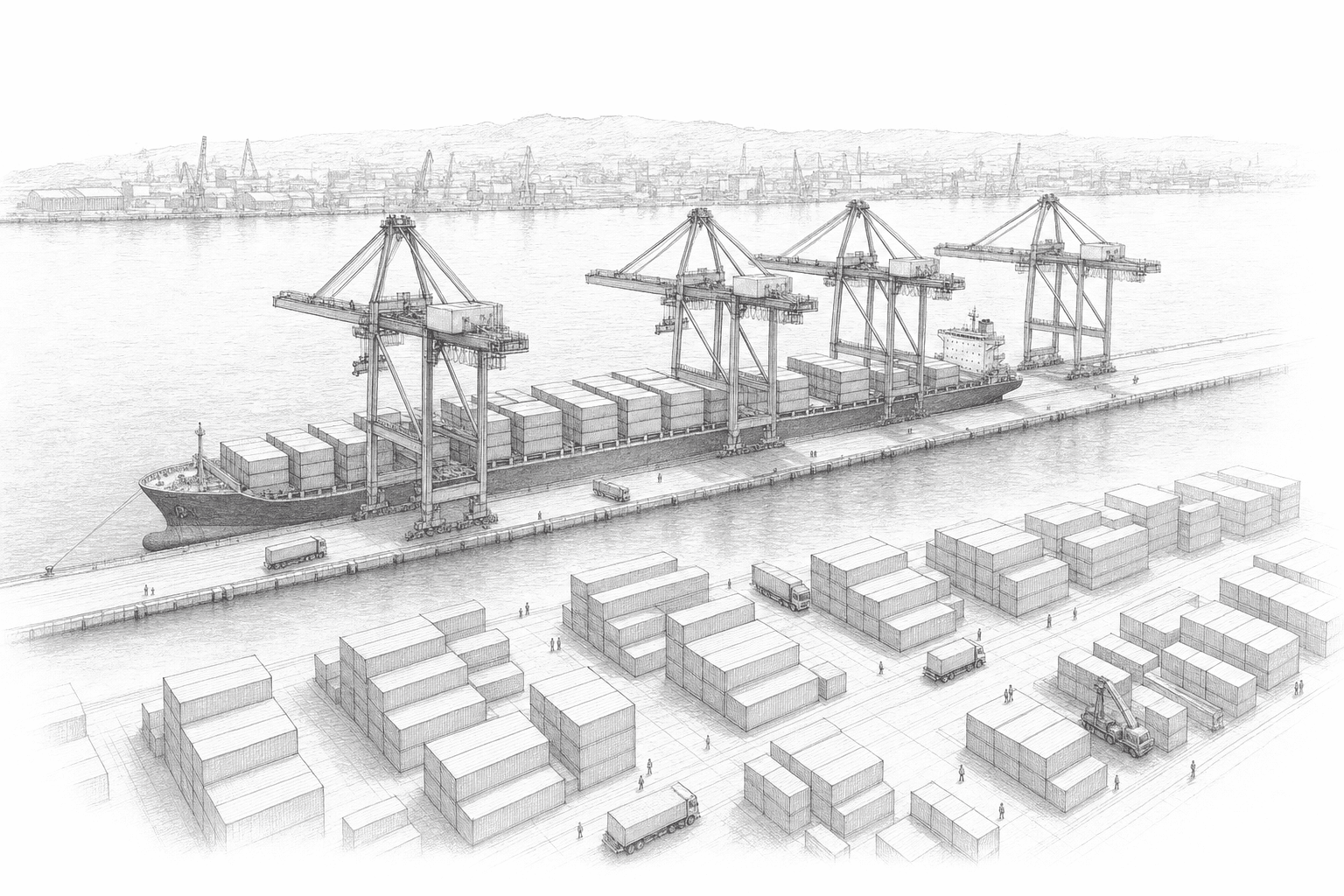 Container port terminal with ship-to-shore gantry cranes, a berthed container ship, and rows of stacked containers on the wharf