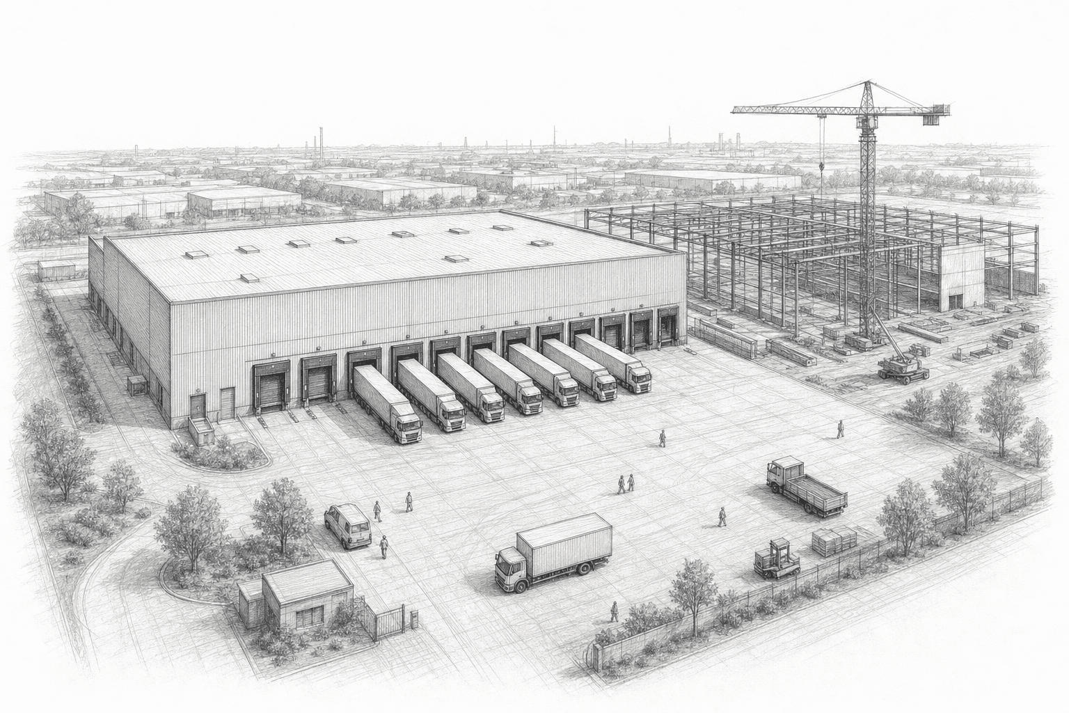 Bird’s-eye view of a logistics warehouse with a row of loading-dock trucks and an adjacent build-out with a crane
