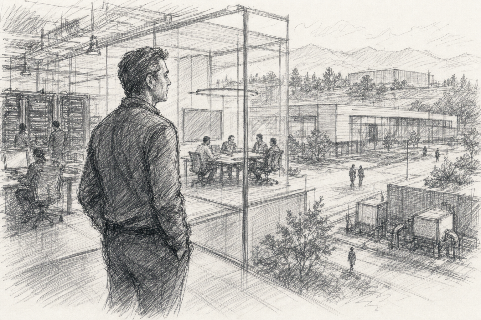 An executive overlooking a modern entertainment technology campus with data infrastructure