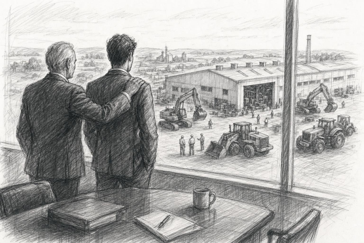Two executives overlooking a construction-equipment manufacturing campus from a boardroom