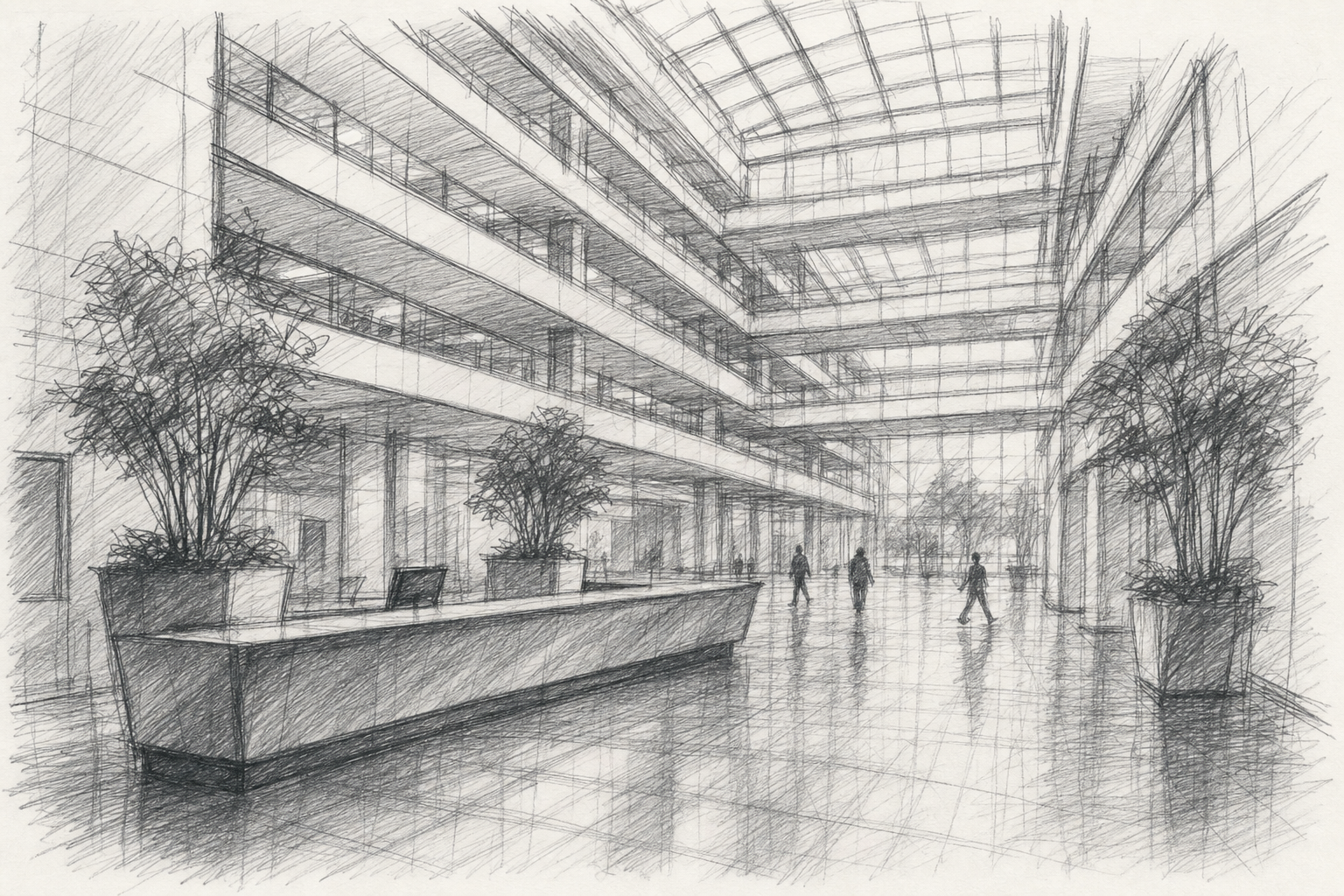 Pencil sketch of a large Madrid corporate atrium with several stories of open floor plates, glass ceiling, polished stone floor, reception desk, and scale figures crossing the space.
