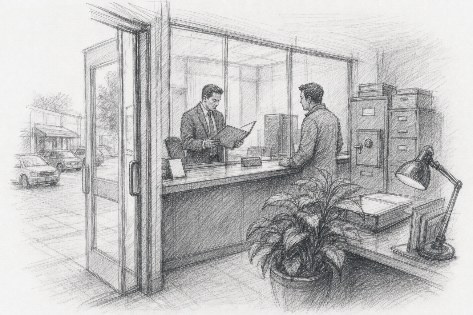 John L. Calmes Jr. in a lender boardroom with financial documents and a calm executive handoff