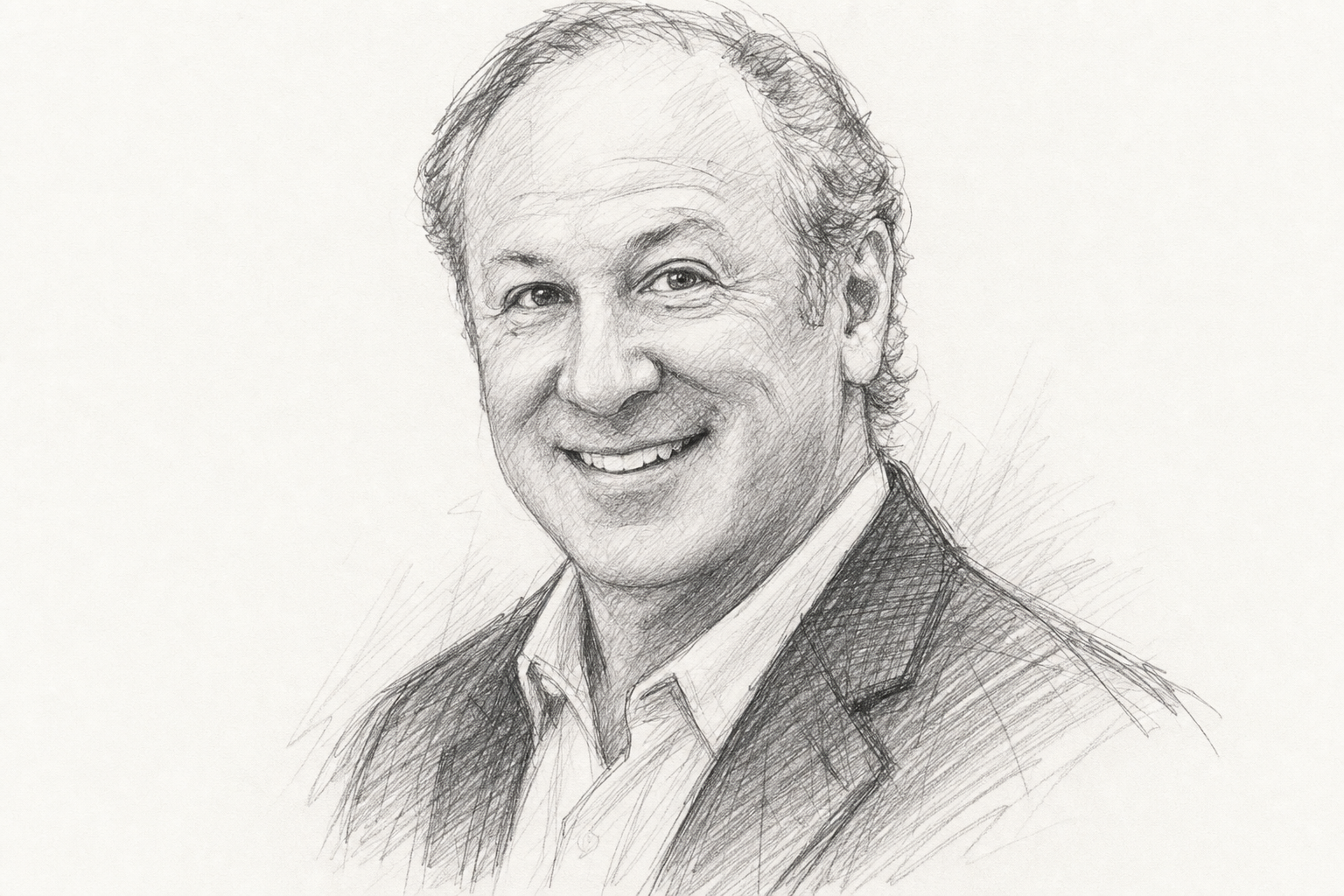 Pencil sketch portrait of an American businessman in his mid-50s with short greying hair and a warm smile, wearing a dark blazer over an open-collar shirt — a stylised likeness of Max Chibib.