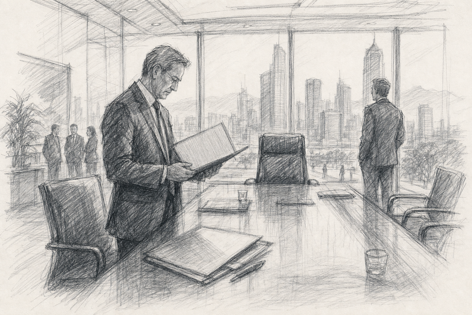 An executive reviewing a folder in a global investment-management boardroom