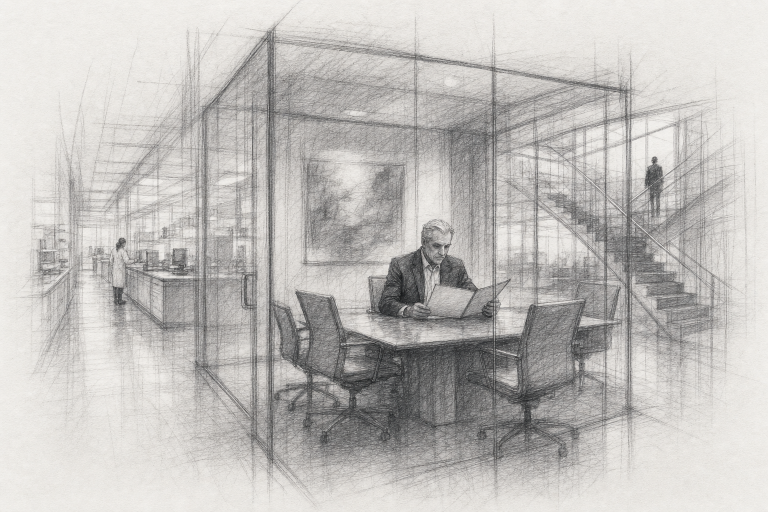 A pharmaceutical headquarters finance suite with an executive reviewing a folder