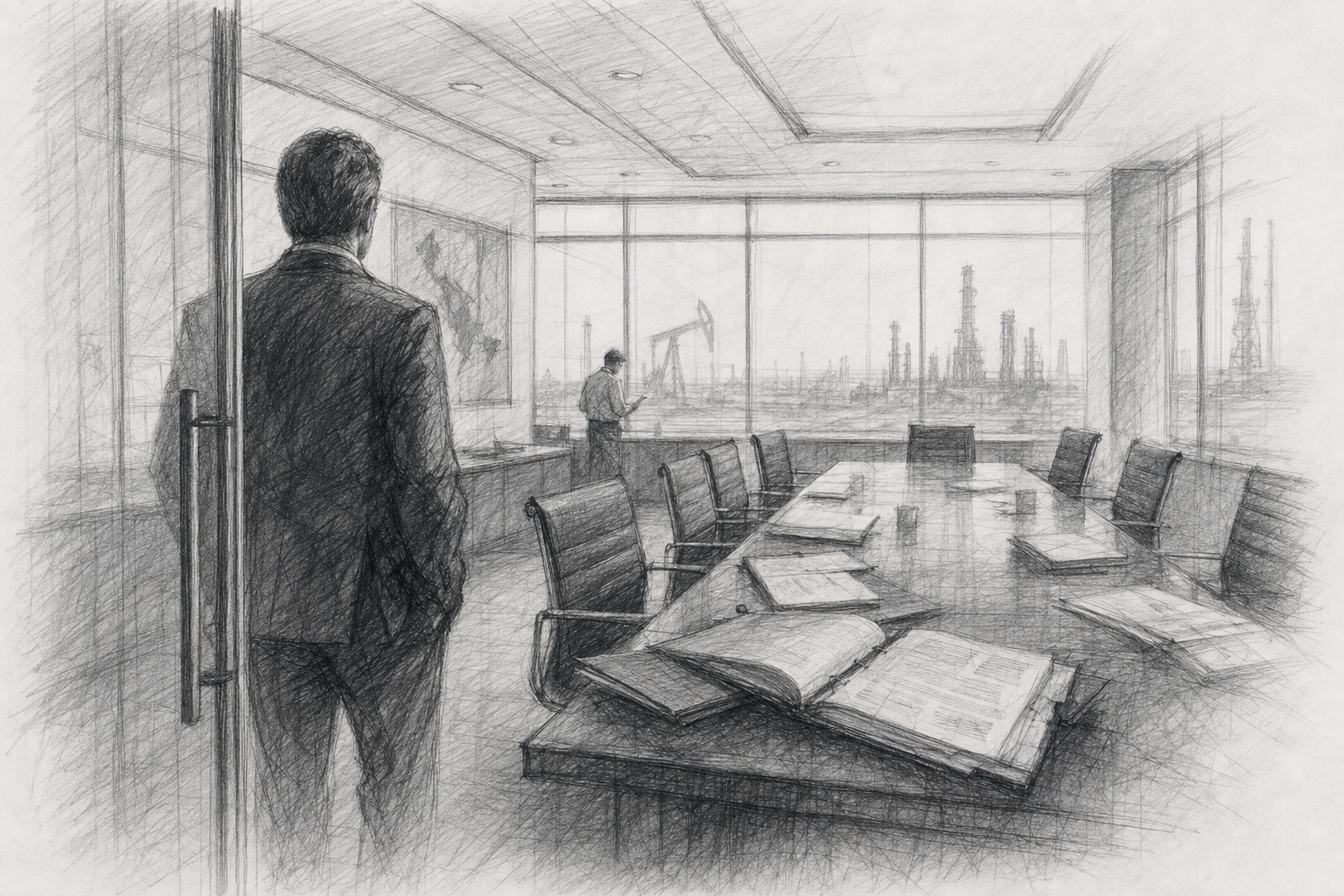 A finance office overlooking an oil and gas industrial landscape
