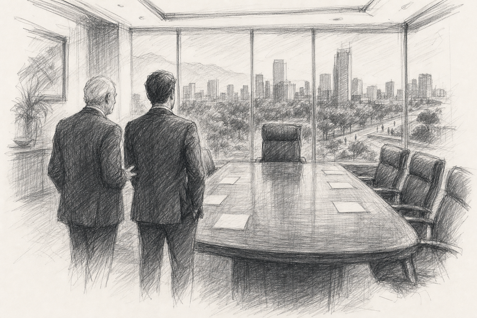 Two executives in a quiet boardroom facing an empty chair and a city skyline