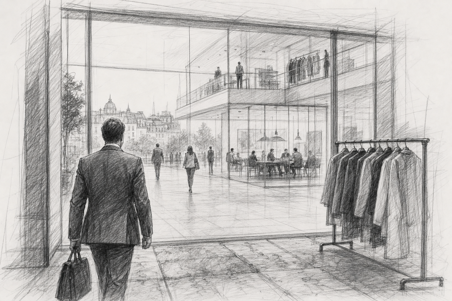 Executive entering a modern fashion-company headquarters with a glass atrium