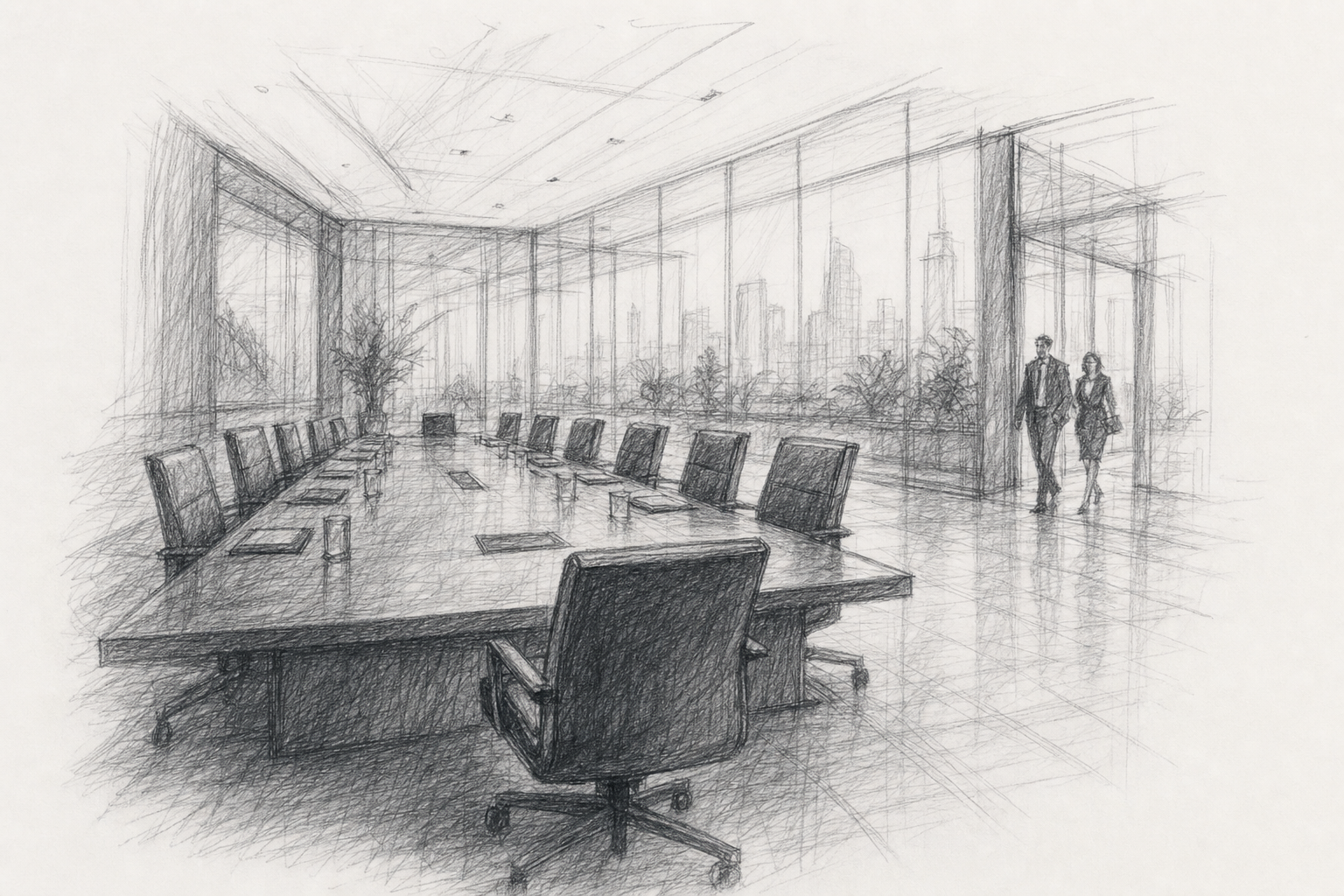A formal insurance boardroom prepared for a governance meeting