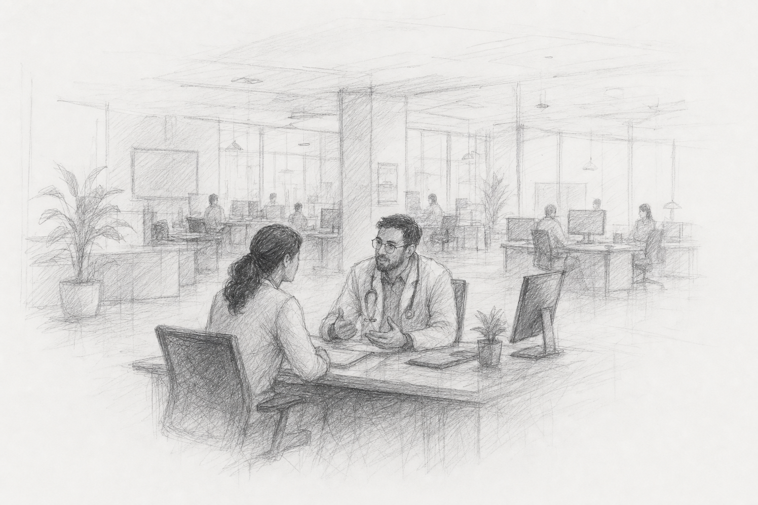 A digital healthcare office where two people meet at a desk in a softly sketched open workspace