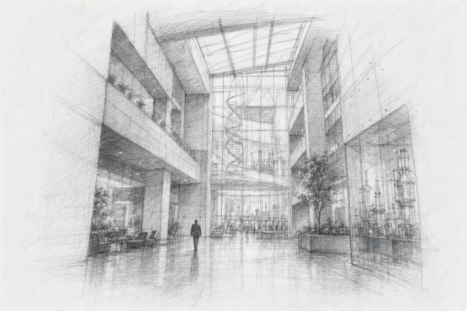 A pharmaceutical headquarters atrium with laboratory forms and a lone executive walking through the central space