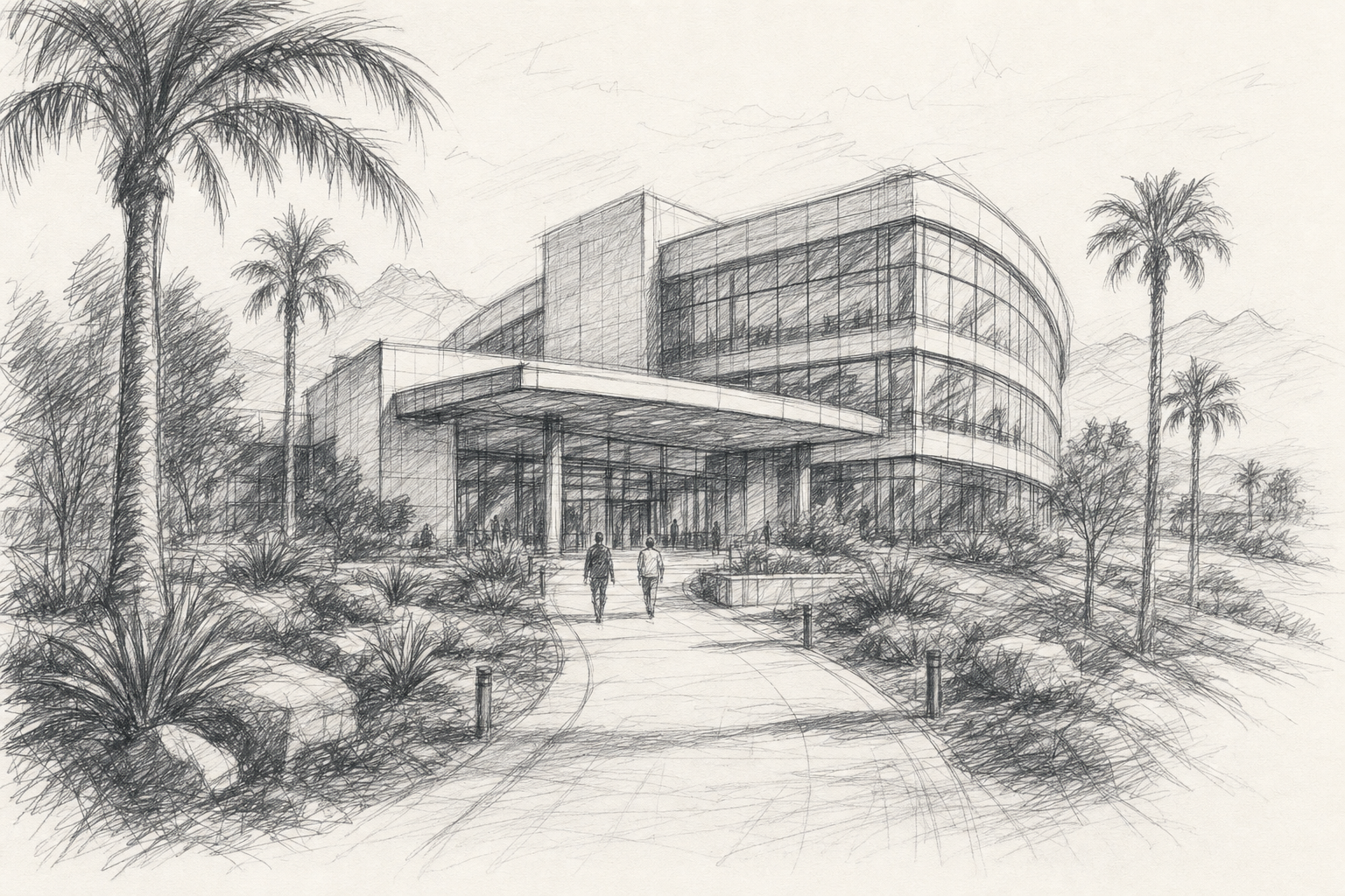 Pencil sketch of a modern medical-device corporate campus in Southern California with a curving glass office building, palm-lined pathway, and distant mountains.