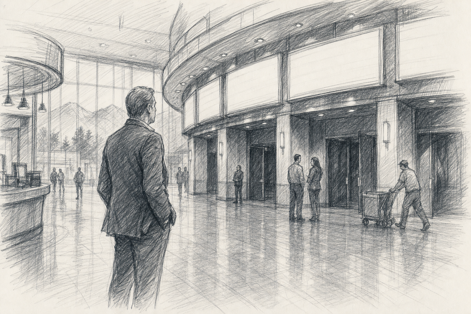 An executive in a cinema lobby facing blank theater marquees
