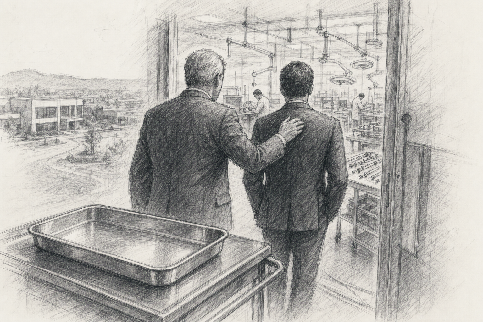 Two executives at the entrance to a minimally invasive surgical equipment facility